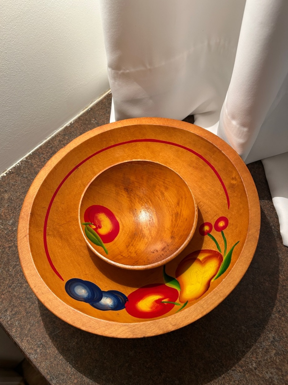 Vintage Hand-Painted Footed Wooden Salad Bowl Set, only 1 small bowl